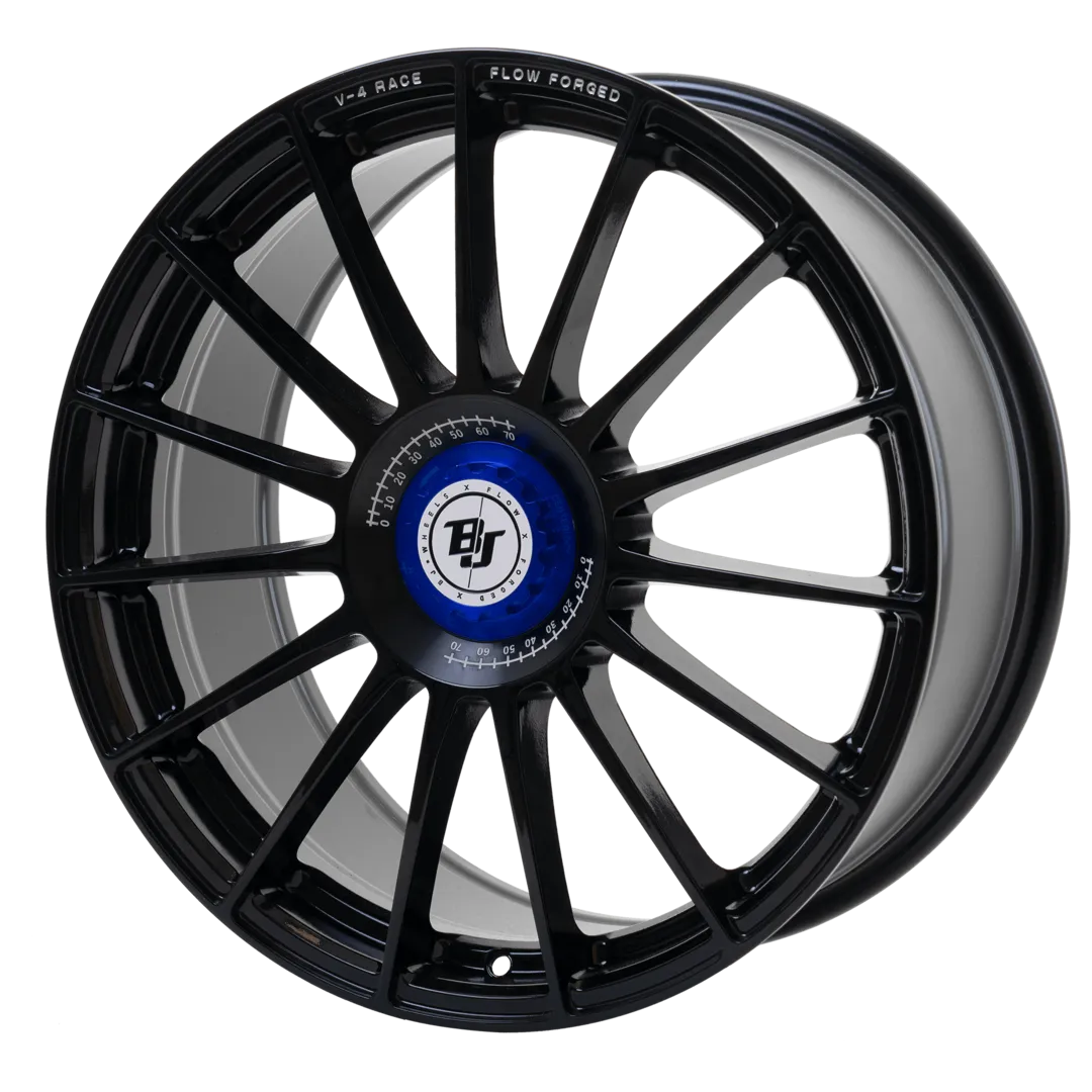 BJ Wheels V4-Race 8.5x19 ET45 Flow-Formed — Black with Blue Centerlock, side view