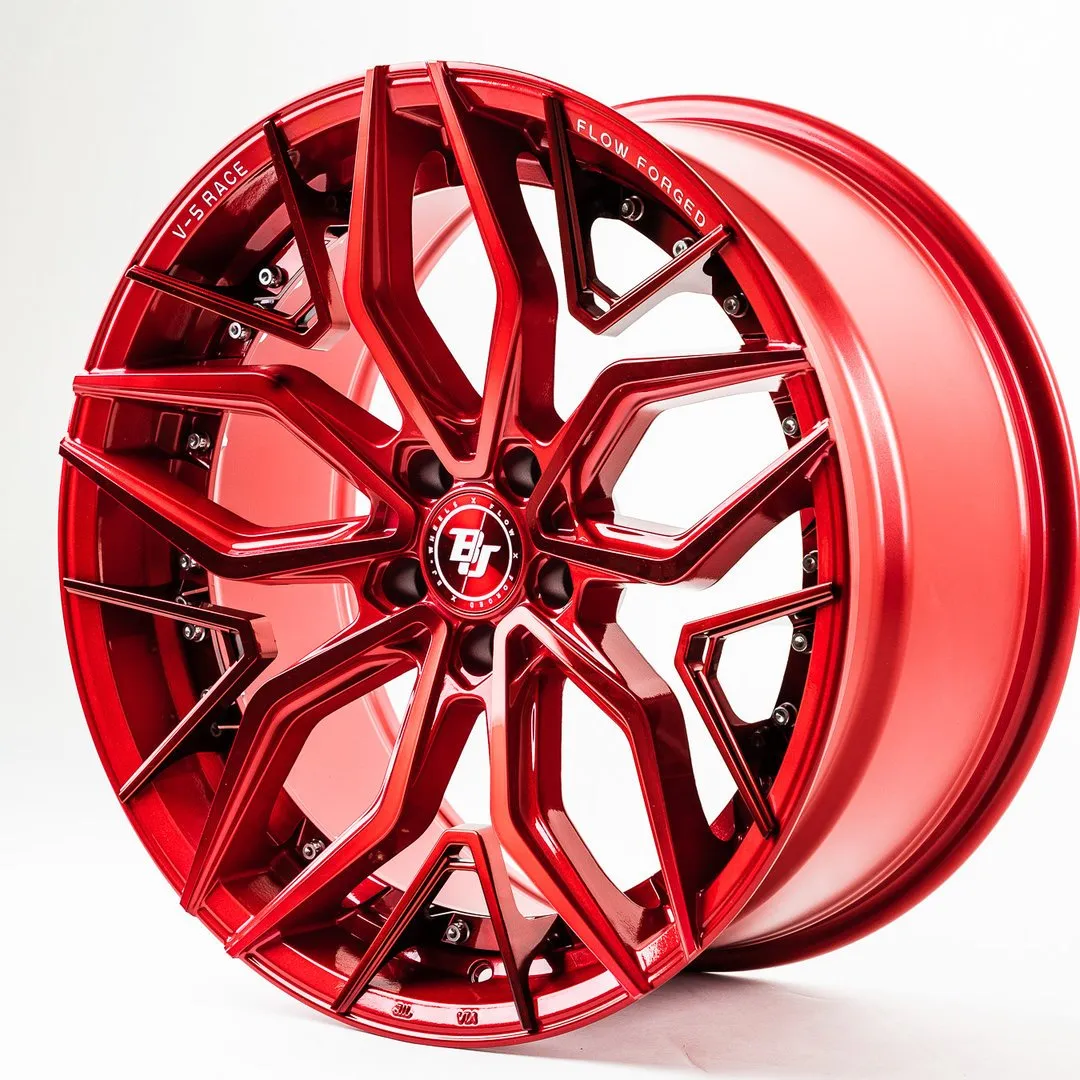 BJ Wheels V5-Race Flow-Formed — Red with changeable inlays, 3/4 view