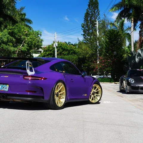 Purple Porsche 911 GT3 RS on ADV.1 ADV5.2 M.V2 Advanced Series Gold Forged Wheels