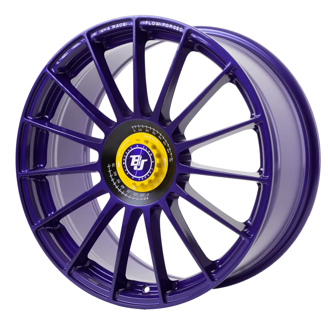 BJ Wheels V4-Race 8.5x19 ET45 Flow-Formed — Purple with Yellow Centerlock, side view